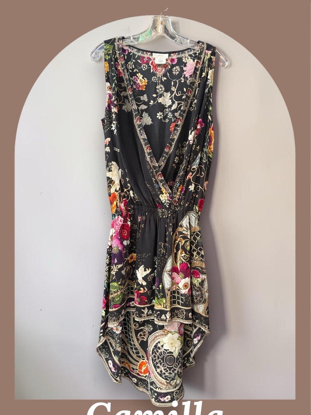 $499 Camilla Cross Over mini silk dress in color Mirror Mirror Sz XS